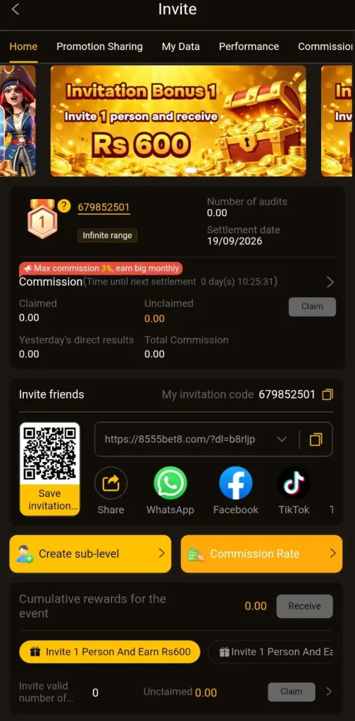Refer and earn on 8555 Game App